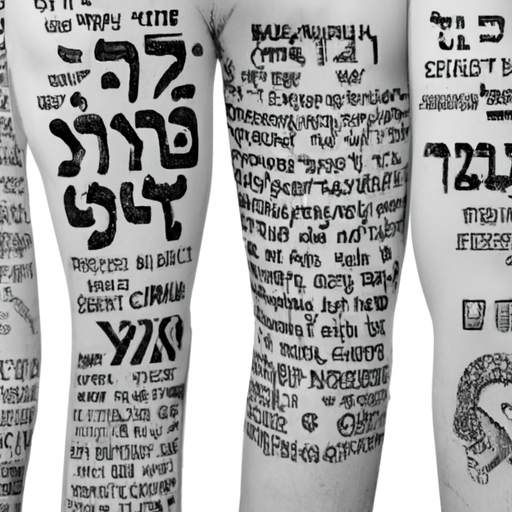 A collage of various Hebrew script tattoos on different body parts